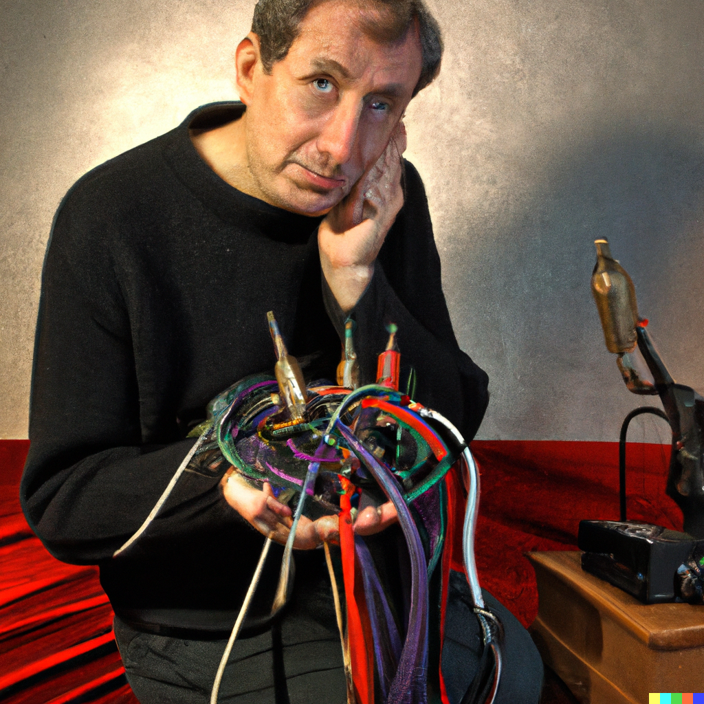 DALL·E 2022-10-26 22.29.12 - Hi-fi connoisseur admiring his new audio cables and tweaks, in th...png